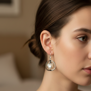 Handmade with Pearl Circle Rhodium Plated 925 Sterling Silver Dangling Hook Earrings for Women